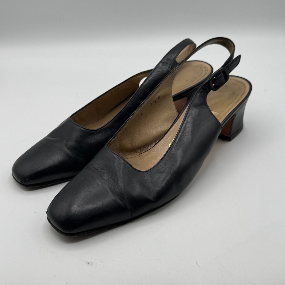 Salvatore Ferragamo Comodita Slingback Heels Black Leather Women 7.5 C Italy AS